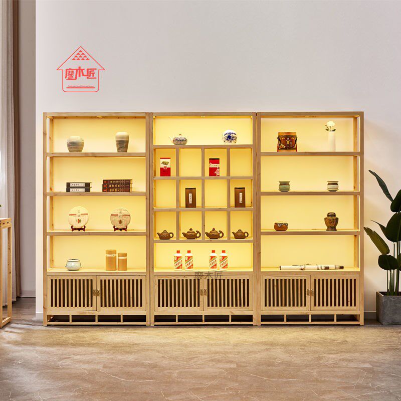 实木茶叶展示架松木展示柜书架博古架带灯茶饼架陈列架多层清仓