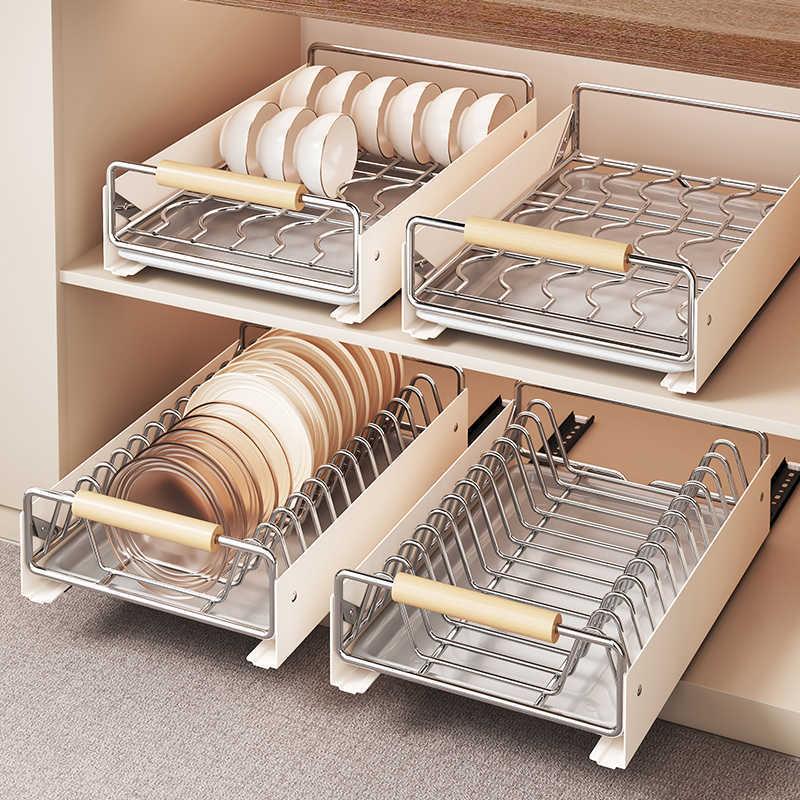 厨房抽拉式碗碟收纳架不锈钢碗架置物架橱柜碗碟拉篮抽屉式沥水架