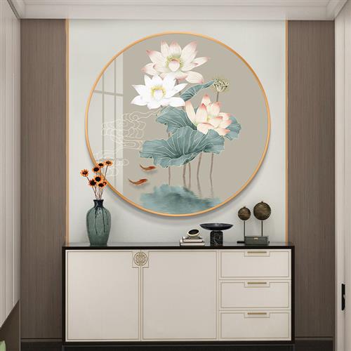 圆形荷花玄关挂画装饰画新中式客厅卧室书房中国风背景墙餐厅壁画图片