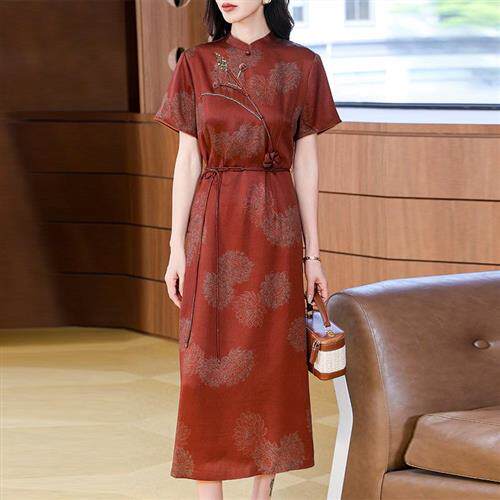 香云纱真丝连衣裙女2025夏装新款妈妈装国风改良旗袍桑蚕丝连衣裙