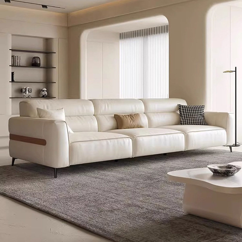 轻奢极简意式猫抓皮创意奶油风皮艺沙发大小户型直排全松木框架