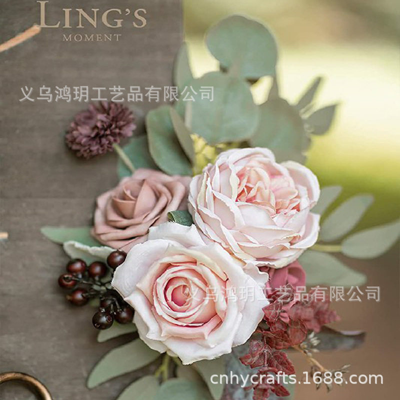人造花旗套装2件假玫瑰向日葵桉树树叶适用婚礼欢迎标志花卉装饰