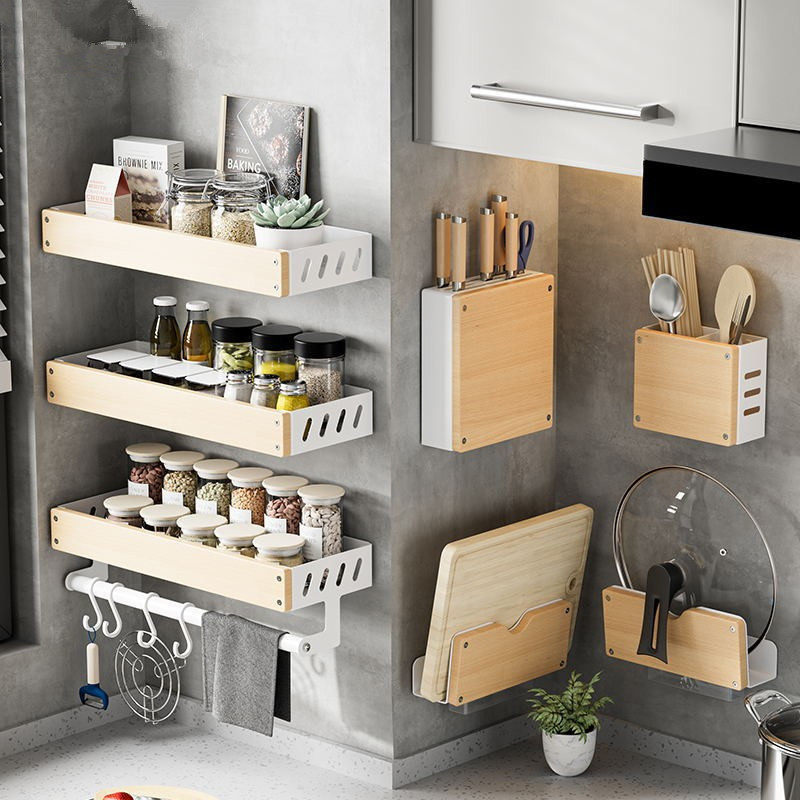 多功能厨房置物架壁挂免打孔实木筷子刀架调料品白色收纳用品大全