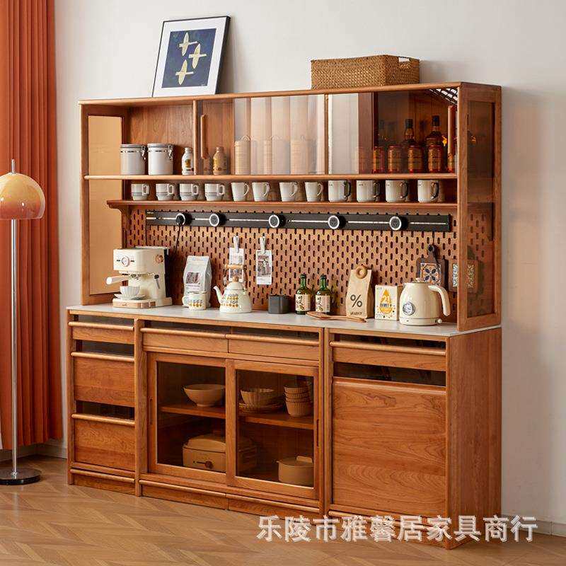 北美樱桃木餐边柜岩板靠墙高柜复古餐厅黑胡桃木实木收纳储物酒柜