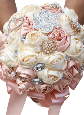 色丁玫瑰新娘水钻捧花 淡香槟玫瑰卷新娘手捧花束婚庆道具W373D