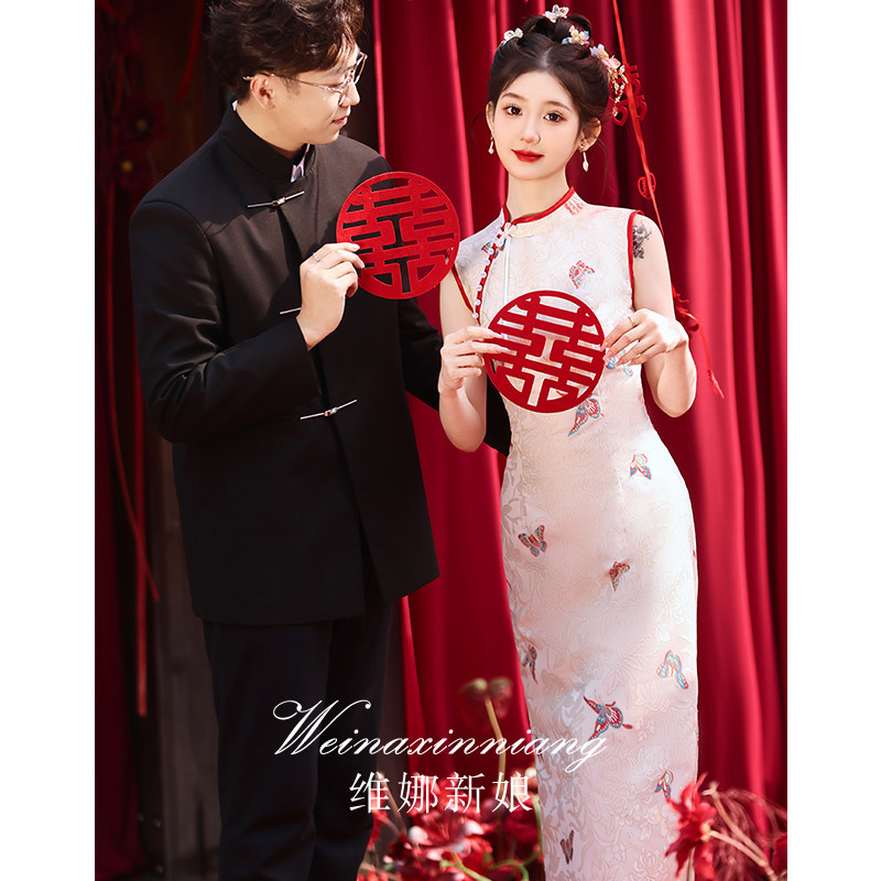 速发中式旗袍敬酒款新娘2025服款粉色高级感订婚礼服连衣裙中长新