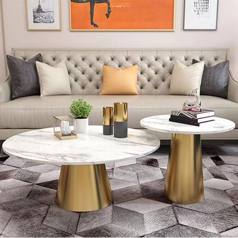 北欧轻奢大理石茶几桌客厅家用小户型简约现代不锈钢边几圆形组合