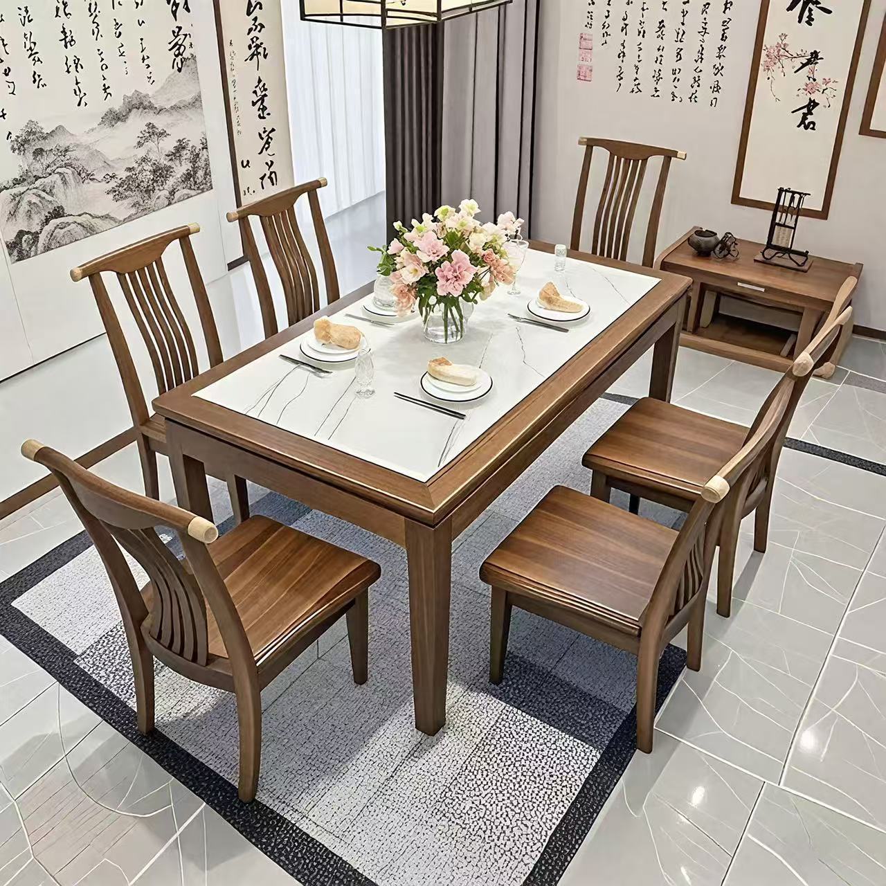 紫金檀实木岩板餐桌椅组合家用