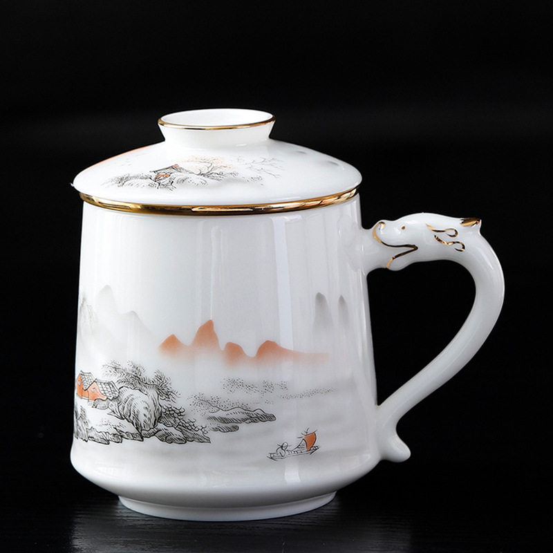 羊脂玉瓷茶杯水杯单杯茶水分离描金上釉办公泡茶杯陶瓷马克杯批发