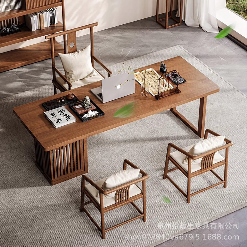 新中式书房写字台桌客厅多人位接待泡茶桌书案台自然实木美术桌