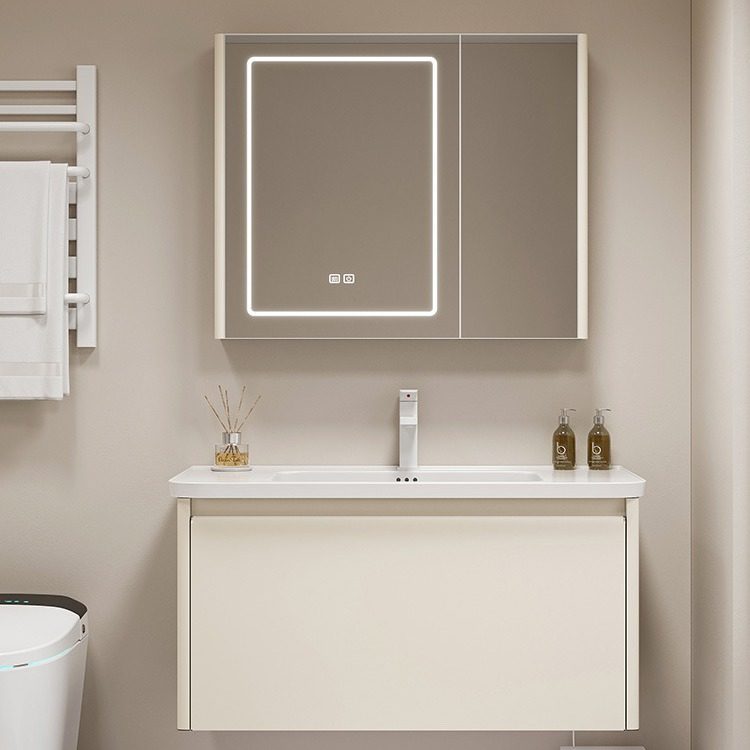 奶油风不锈钢浴室柜组合陶瓷一体盆卫生间圆角洗漱台盆洗脸洗手池