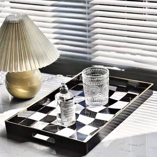 中古扭曲黑白格子托盘茶水托盘客厅茶几装 饰盘子长方形