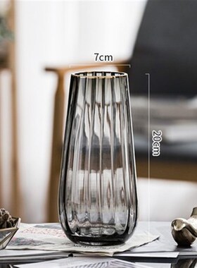 简约小口金边透明k玻璃花瓶水培植物客厅卧室桌面摆件条纹灰色花