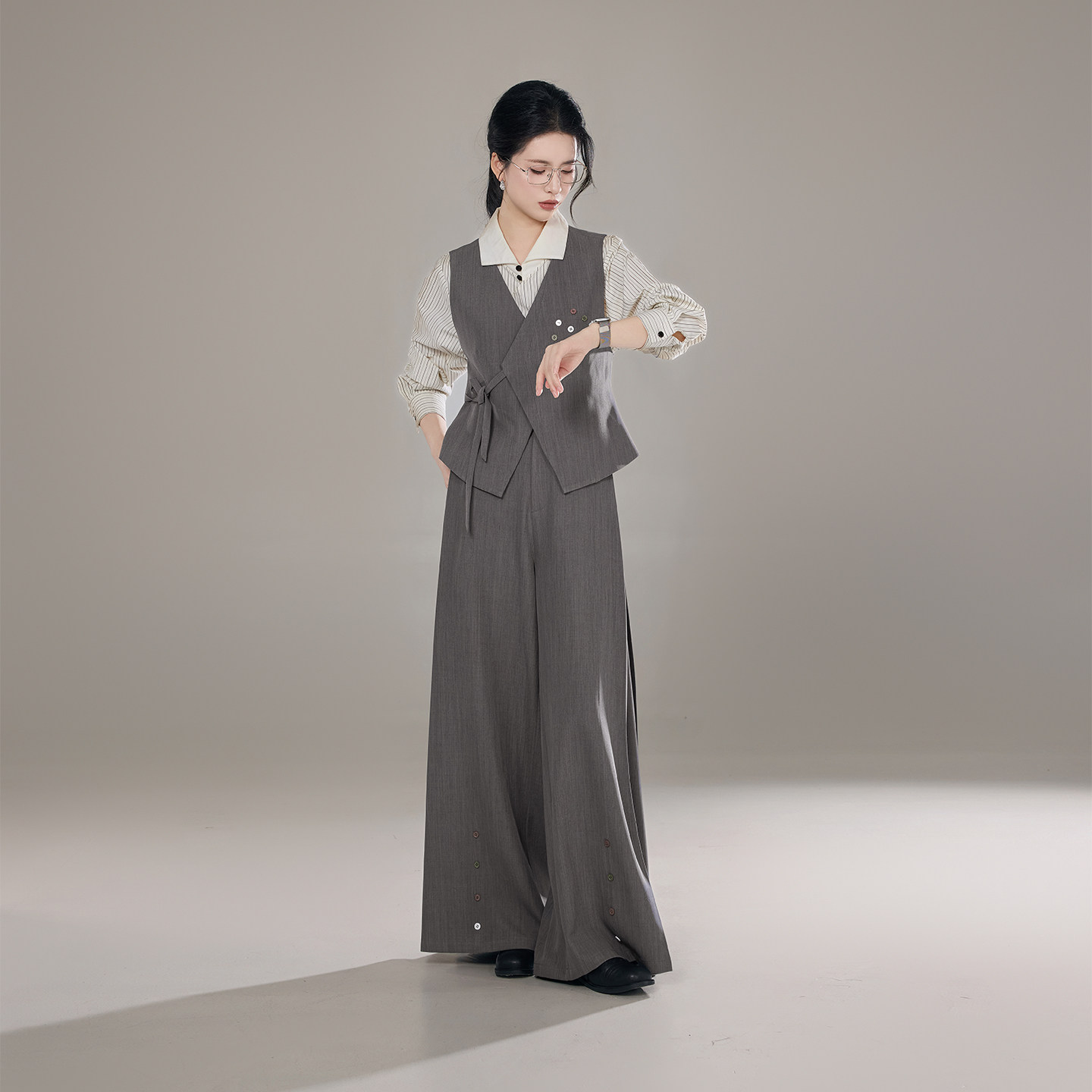 织造司[揽风叙]新中式职业套装女翻领条纹衬衫马甲阔腿裤改良汉服
