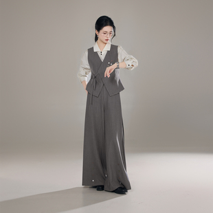 织造司[揽风叙]新中式职业套装女翻领条纹衬衫马甲阔腿裤改良汉服