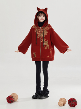 织造司×广东省博物馆联名款【欢嬉闹春】新中式红色国潮连帽卫衣