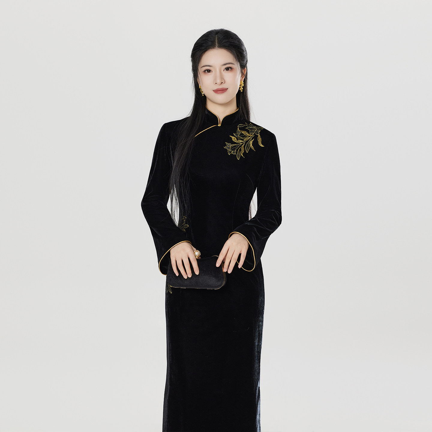 织造司[晚来香]新中式弹力修身丝绒刺绣长袖旗袍礼服冬装连衣裙女图片
