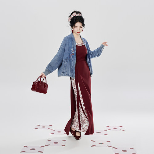 织造司[港风美人]新中式牛仔外套吊带背心女内搭抹胸旋裙汉服套装