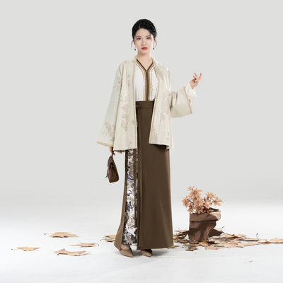 织造司[坚果可可]麂皮绒对襟外套蕾丝喇叭袖v领上衣一片式宋旋裙
