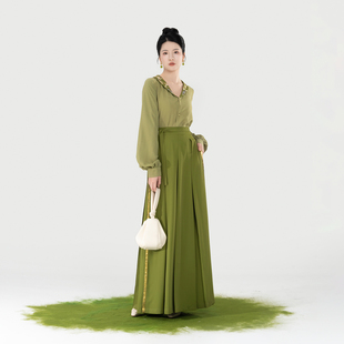 织造司[春苔]绣花v形翻领上衣仿麻灯笼袖衬衫侧褶织金宋裤阔腿裤