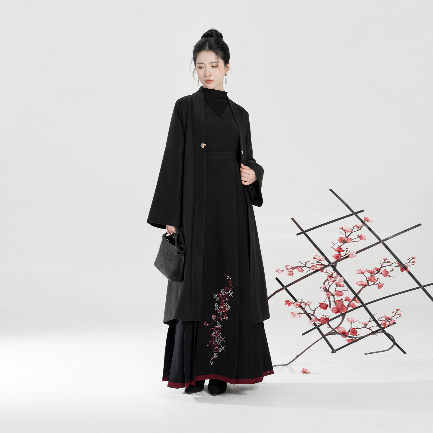 织造司[山茶雾]新中式毛呢大衣半高领打底衫改良背心马面连衣裙女