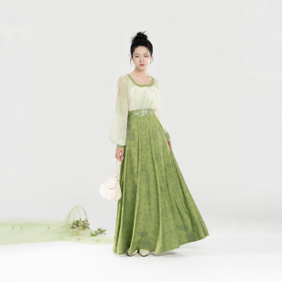 织造司[青梅弄]原创新中式鸡心领雪纺束口灯笼袖衬衫半身八破裙女