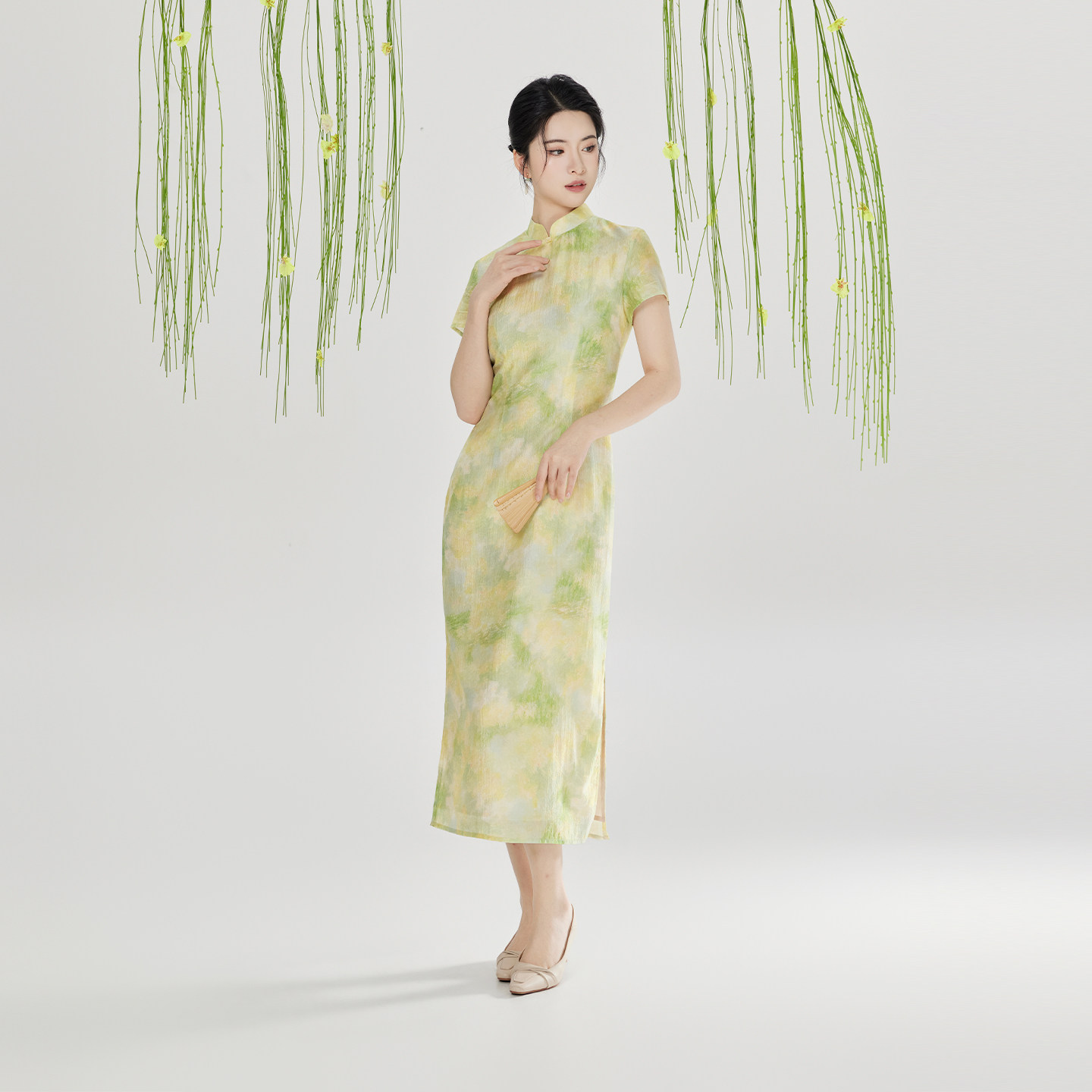 织造司[拂春风]新中式绿色旗袍女夏2026新款油画连衣裙子日常可穿图片