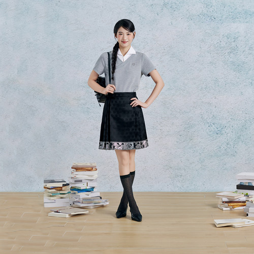 织造司[灰阶铃响]学院风假两件短袖T恤上衣女短款马面裙改良汉服
