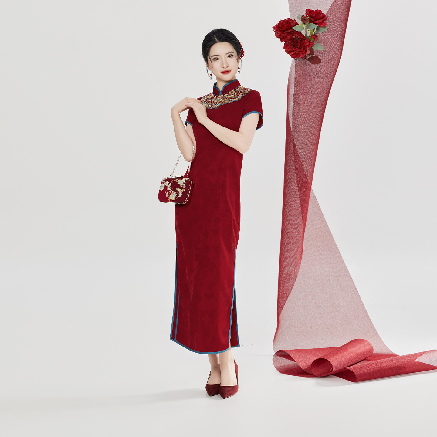 织造司[红琉璃]新中式红色旗袍连衣裙新娘服婚礼服日常可穿连身裙