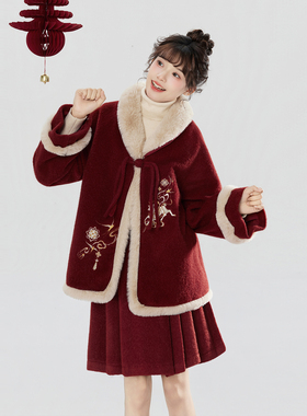 织造司×敦煌当代美术馆联名[福鹿鸣春]红色毛呢外套百褶裙短裙女