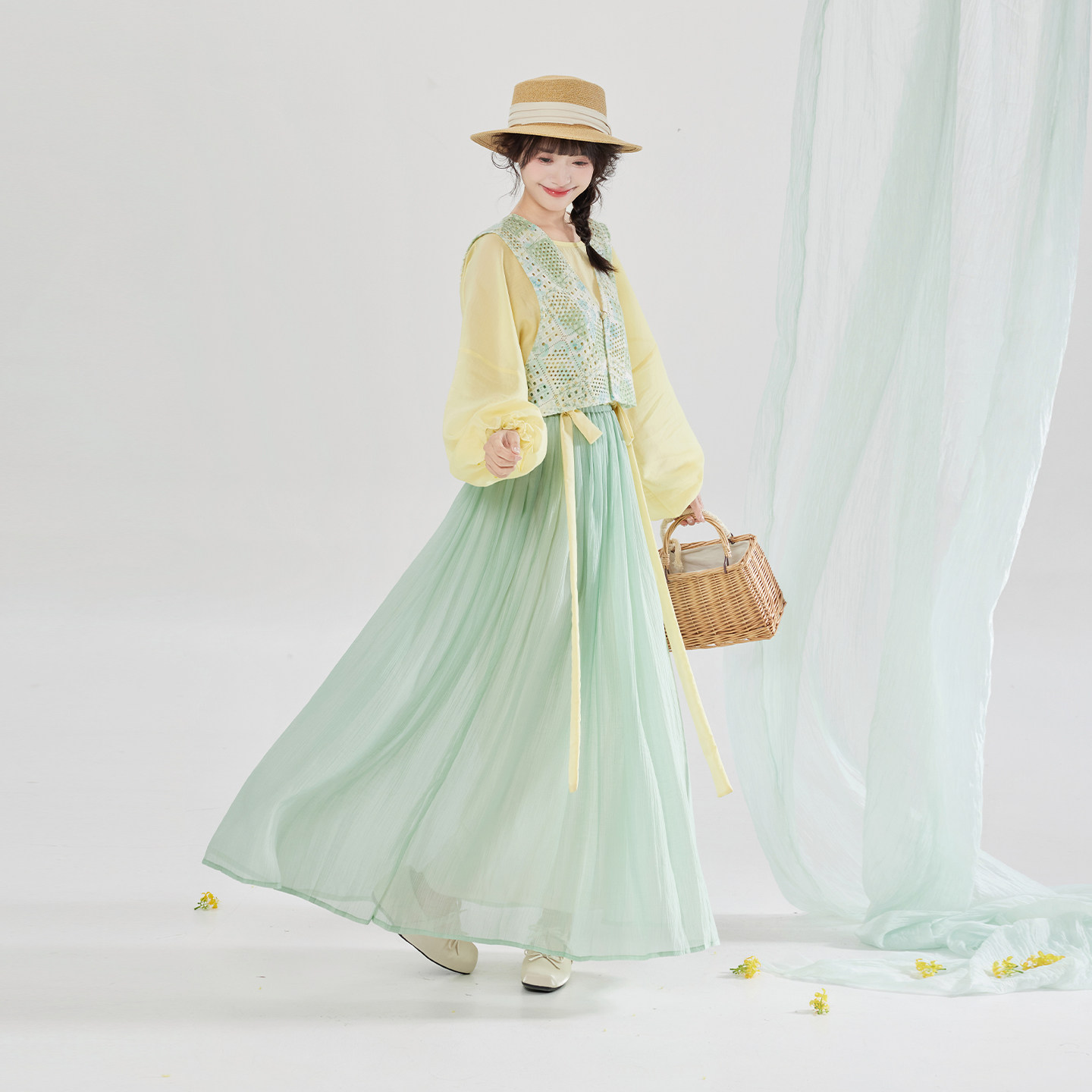 织造司[春田花信]唐制改良汉服蕾丝背心唐褙子圆领衬衫半身褶裙女