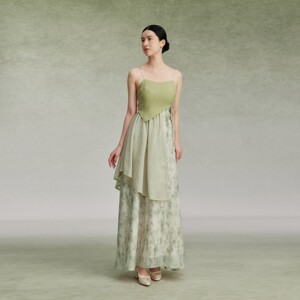 现货卿卿长风织造司新中式竹叶印花吊带连衣裙可拆卸汉元素合围裙