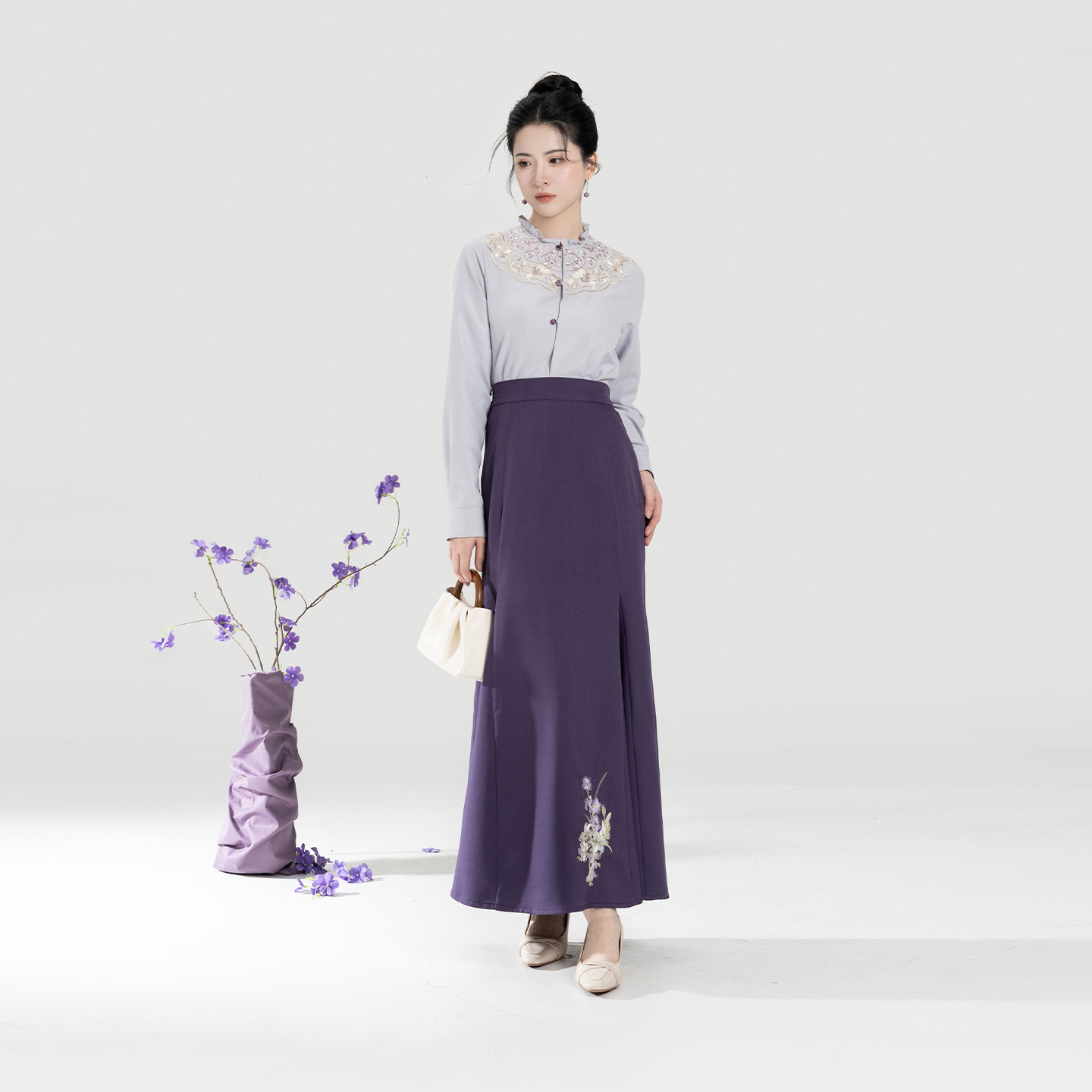 织造司[雪香兰]新中式温柔紫色系绣花衬衫上衣修身鱼尾裙半身裙女