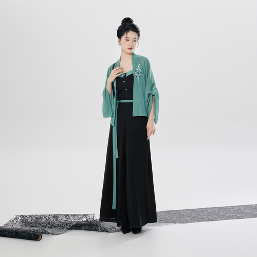 织造司[松石蝶]国风刺绣短开衫上衣女吊带抹胸阔腿裤宋裤改良汉服