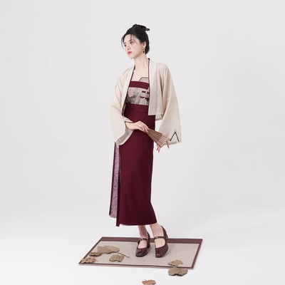 卿颜织造司原创宋制汉服女改良飞机袖对襟衫水墨牡丹印花抹胸旋裙