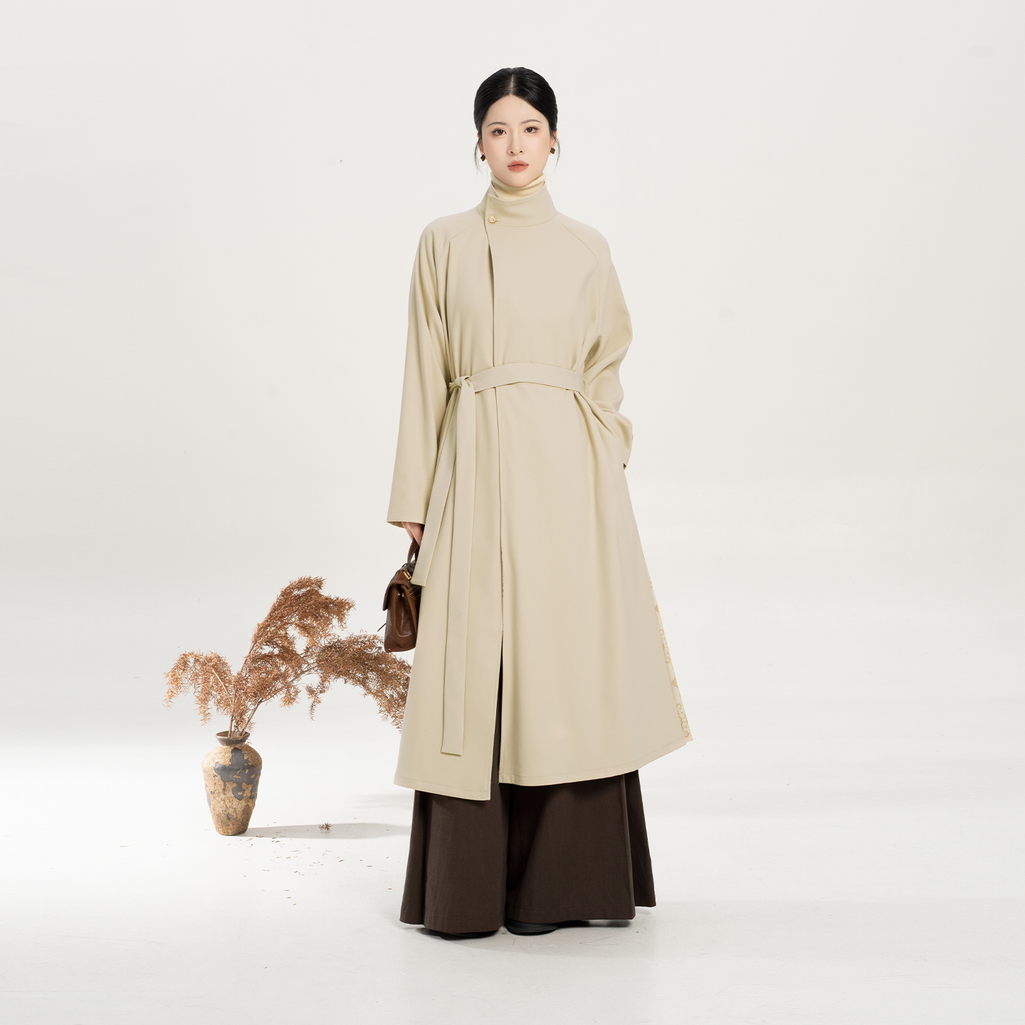 织造司[漫叙]新中式风衣外套女2025新款中长款改良圆领袍阔腿宋裤