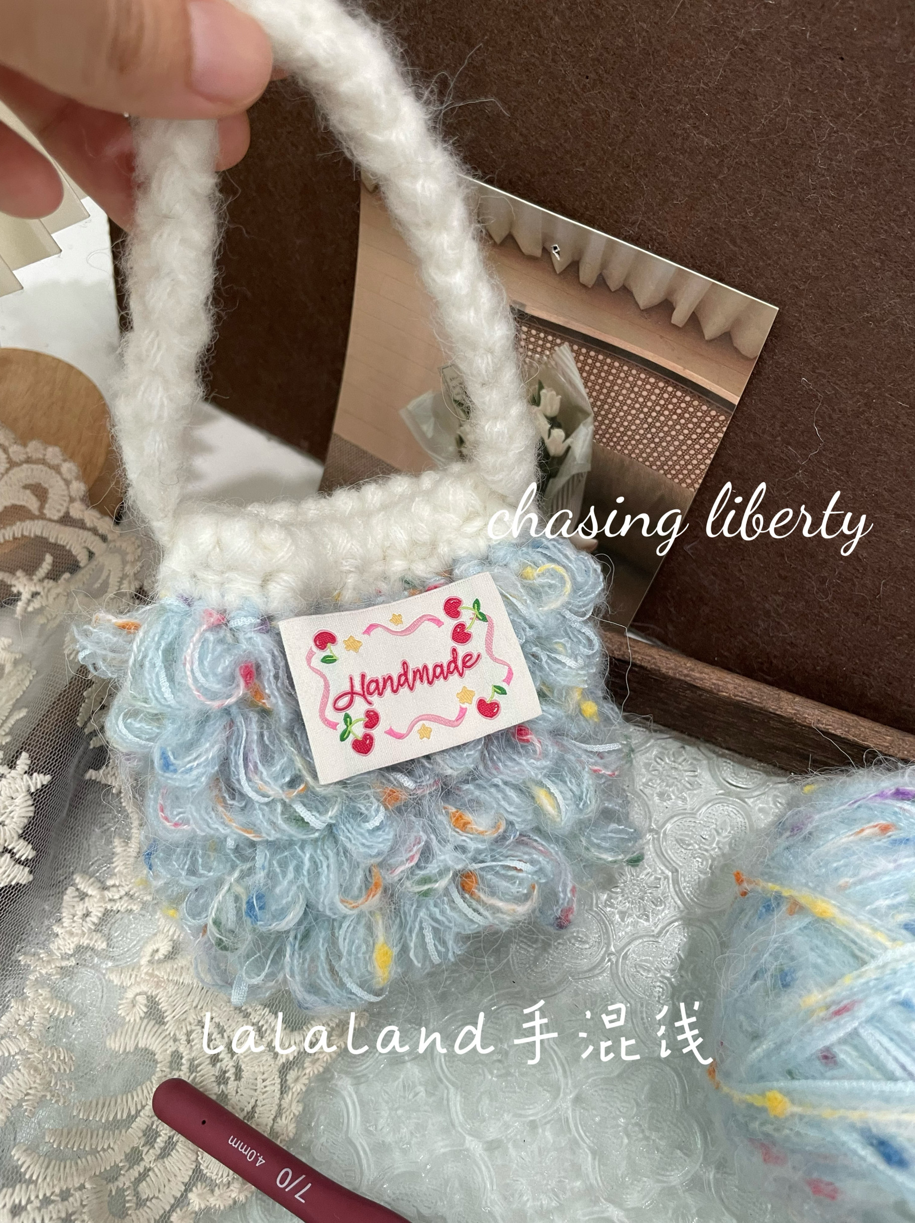 蓝宝宝浅蓝色豆豆手混线手工编织毛线团包包帽子围巾【送教程】