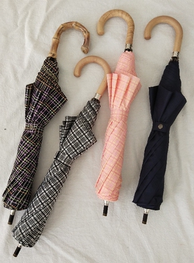 禁欲系灰色小猫二折弯钩竹柄w大号防风暴雨森系港风ins复古雨伞