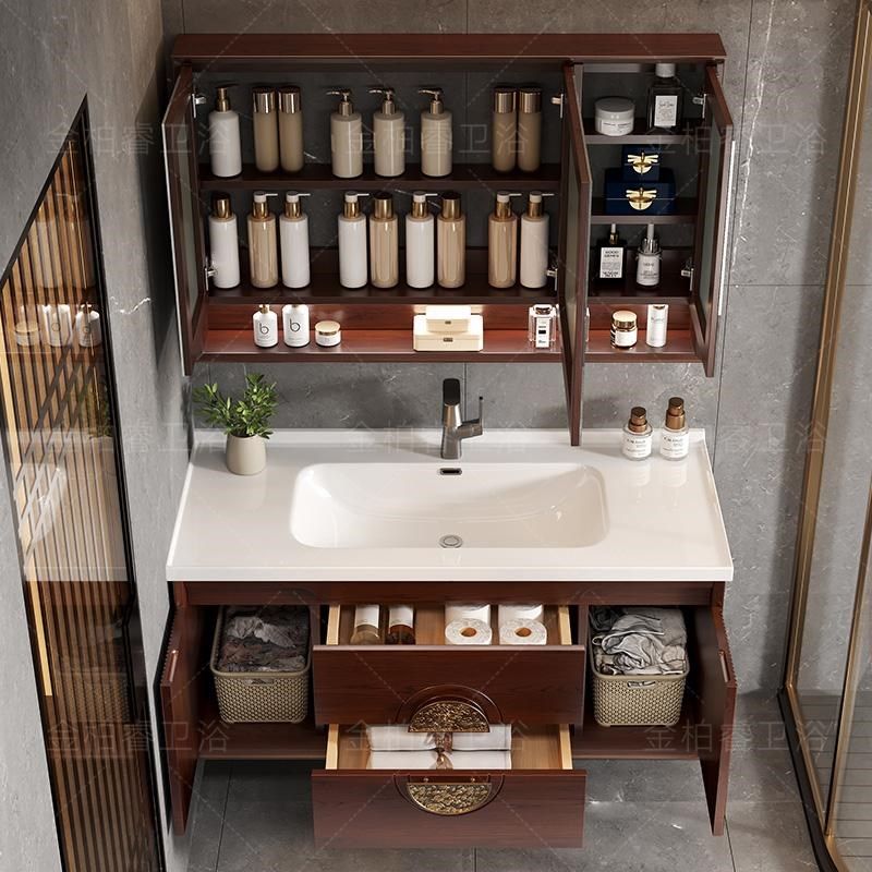 中式橡木浴室柜陶瓷一体盆2025新款落地式乌金木双盆洗手盆柜组合