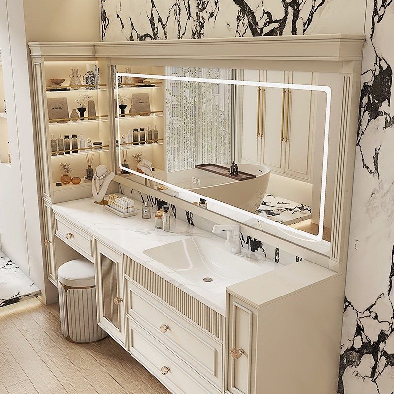 法式浴室柜梳妆台一体岩板陶瓷无缝盆奶油风卫生间洗手盆池柜组合