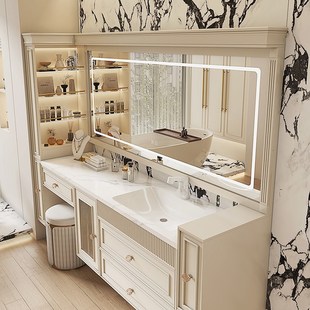 法式浴室柜梳妆台一体岩板陶瓷无缝盆奶油风卫生间洗手盆池柜组合