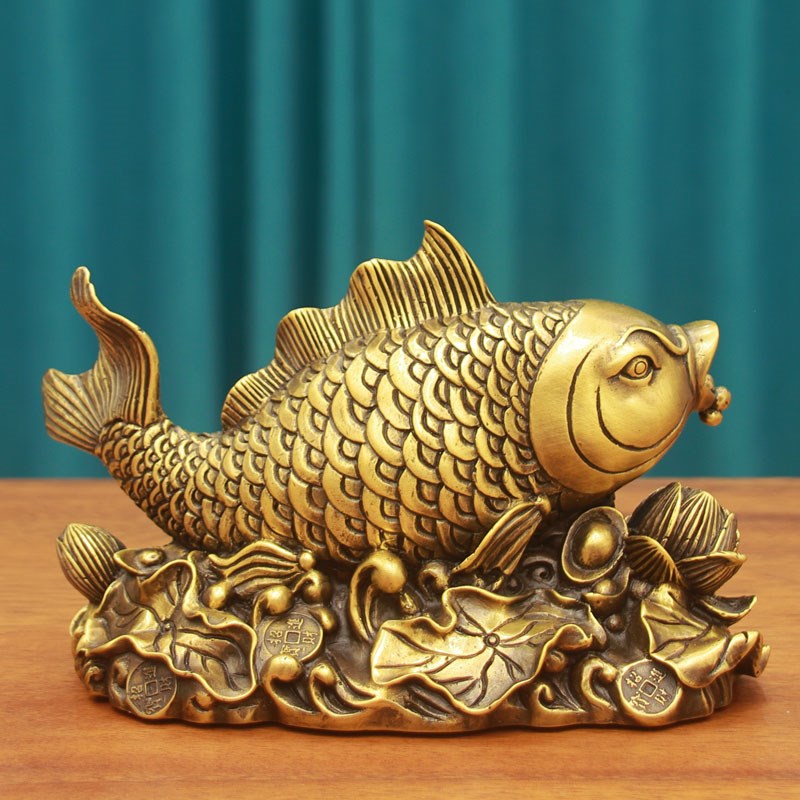 年年有余黄铜鱼摆件招财荷花鲤鱼跃莲台连L年有鱼吉祥物桌面纯摆
