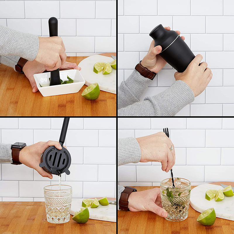 不锈钢调酒器套装哑光黑鸡尾酒y两段式雪克壶手摇杯酒吧自调酒工