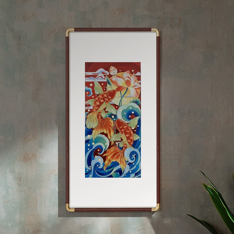 双鱼戏珠玄关铜雕j画客厅中式高端装饰画竖版茶室铜版画寓意好挂