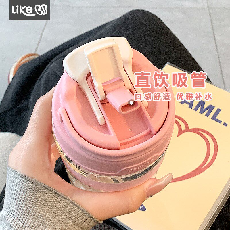 可爱水杯2024新款女生办公室高颜C值吸管双饮夏天便携学生玻璃杯