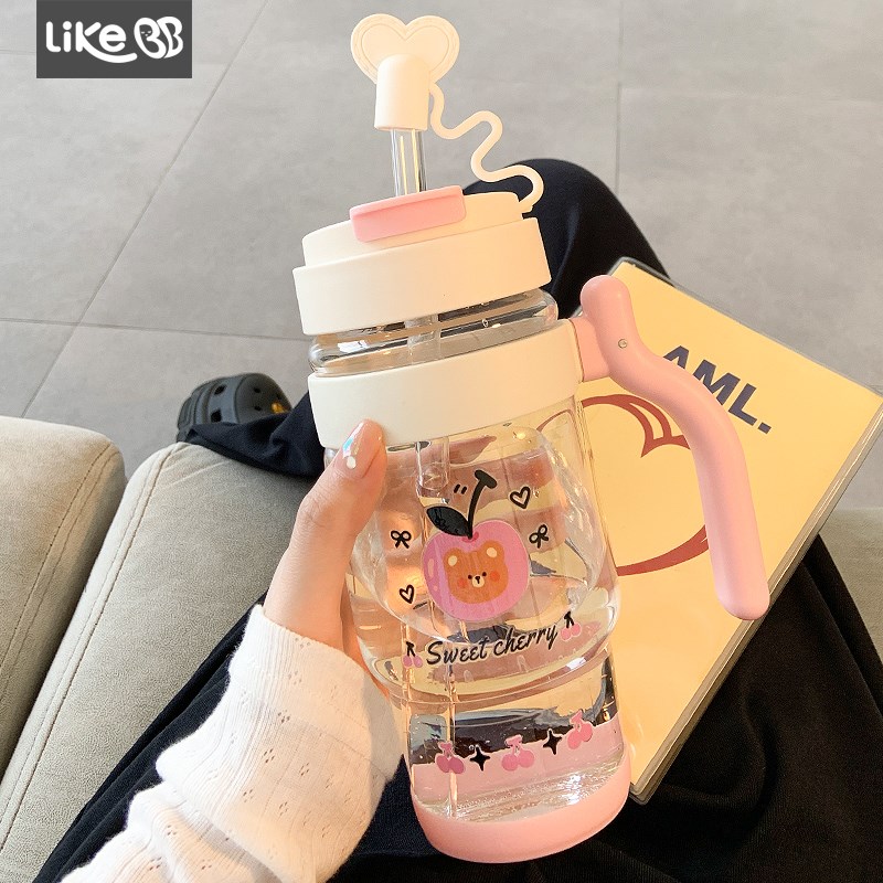 大容量水杯女新款2025高u颜值带吸管玻璃杯办公室学生夏日带把杯