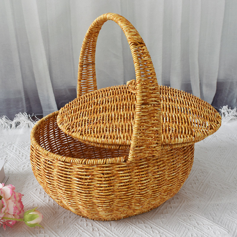 新款仿藤编带盖手提篮p购物篮户外野餐收纳筐家用买菜篮水果面包,收纳整理,其他收纳篮,淘宝优惠券,粉丝福利购,淘宝优惠卷
