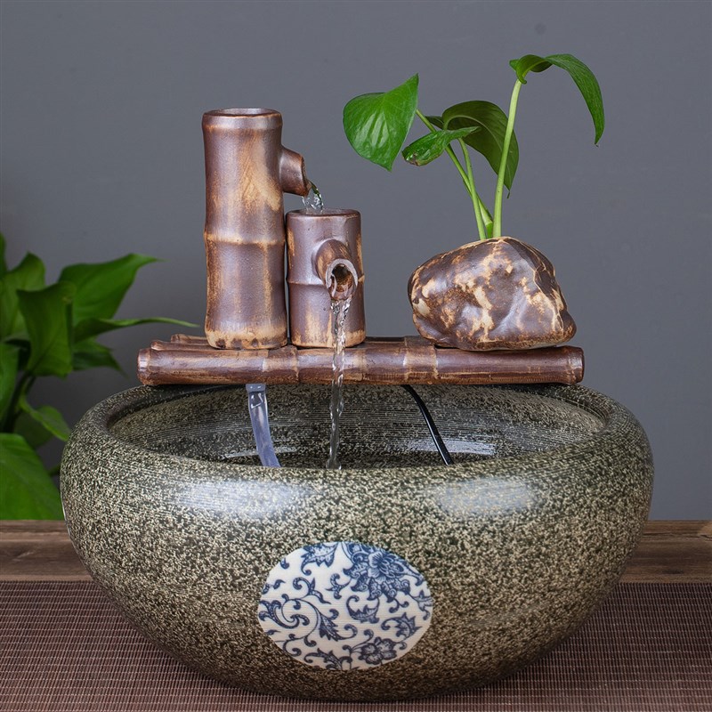 流水摆件鱼缸造景过滤q器循环养鱼竹子水池中式复古微景观装饰家