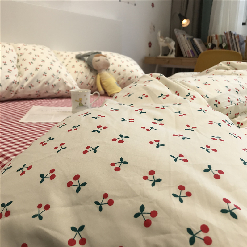 少女心纯棉四件套被m套田园粉色樱桃三件套学生公主床单1.5m三件