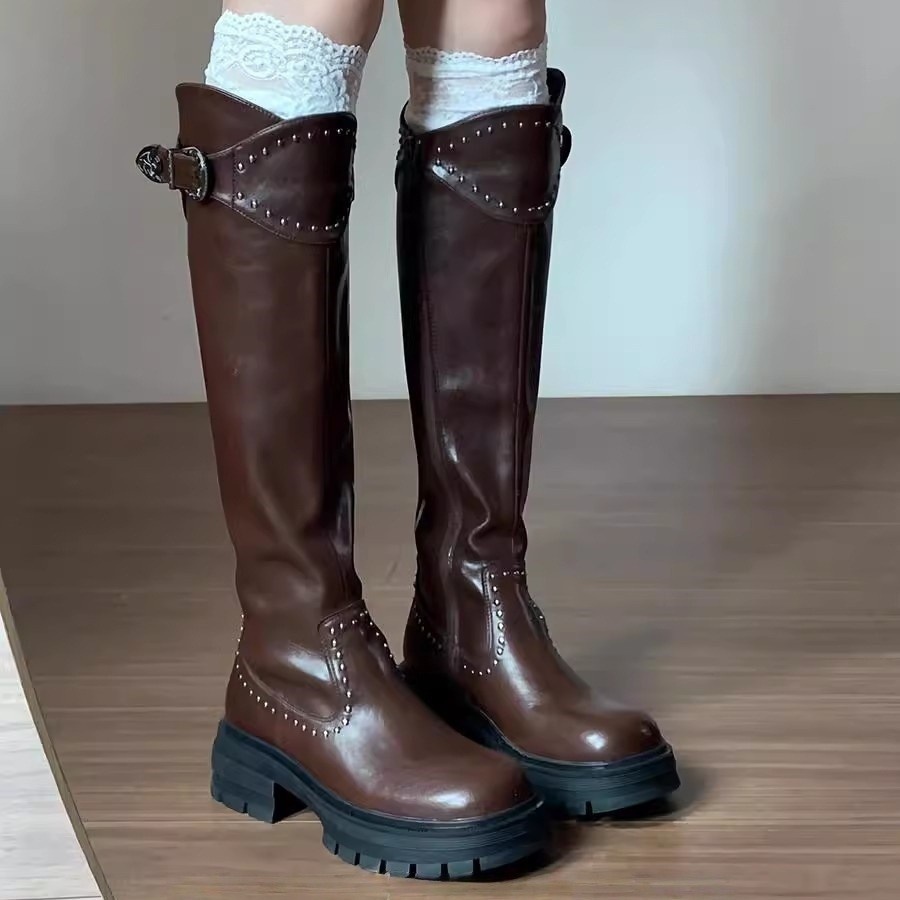 棕色厚底机车骑士靴女秋冬